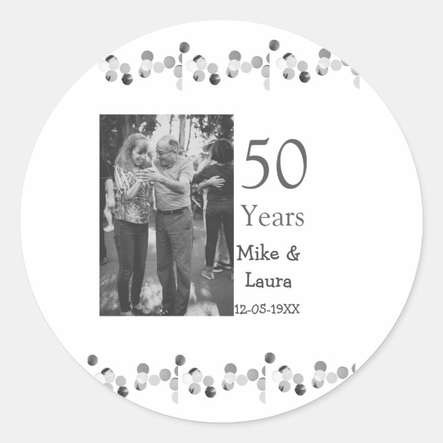 Sticker Rond Joyeux 50e anniversaire nom couple date mariage (Devant)
