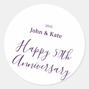 Sticker Rond Joyeux 50e anniversaire nom violet année simple