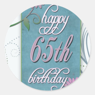 Sticker Rond Joyeux 65ème anniversaire avec fleurs amusantes