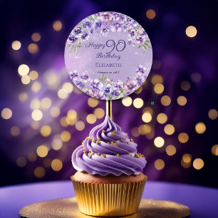 Sticker Rond Joyeux 90e Anniversaire Fleurs Violettes Elégantes