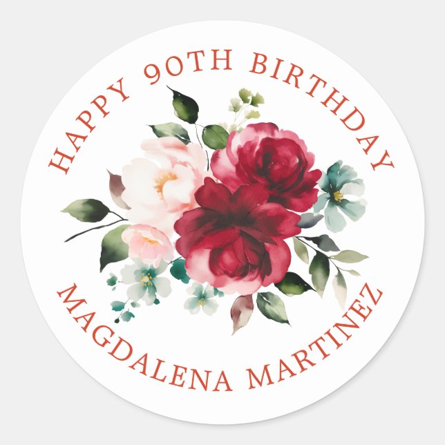 Sticker Rond Joyeux 90e anniversaire Floral Custom Envelope Sce (Devant)