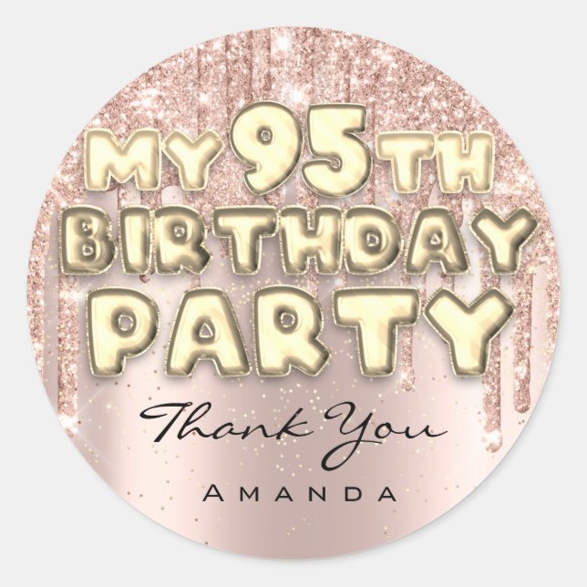 Sticker Rond Joyeux 95e Anniversaire Fête Paillettes Gouttes Ro (Devant)