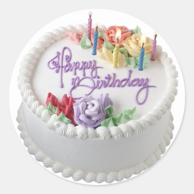 Sticker Rond Joyeux anniversaire (Candles and colorful flowers on cake!)