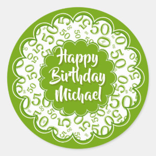 Sticker Rond Joyeux anniversaire 50e Numéro Motif Vert/Blanc