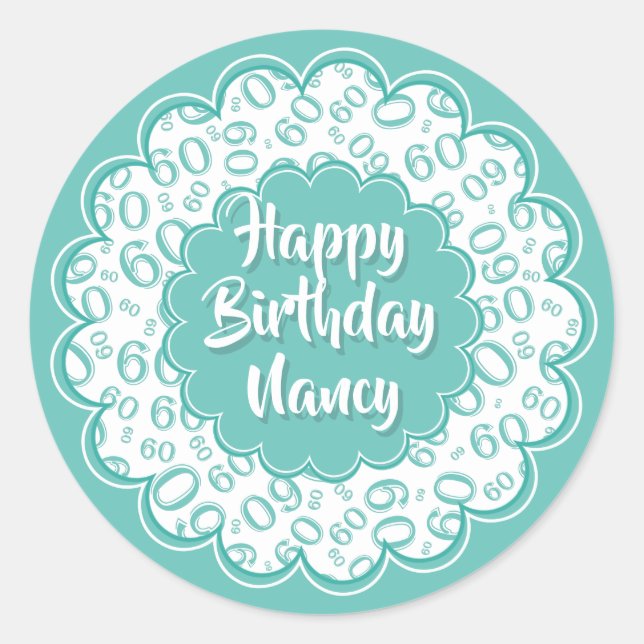 Sticker Rond Joyeux anniversaire 60e numéro Motif Turquoise et  (Devant)