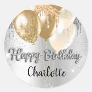 Sticker Rond Joyeux Anniversaire argent parties scintillant or 
