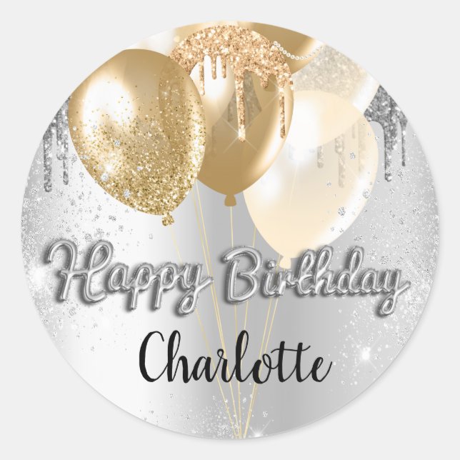 Sticker Rond Joyeux Anniversaire argent parties scintillant or  (Devant)