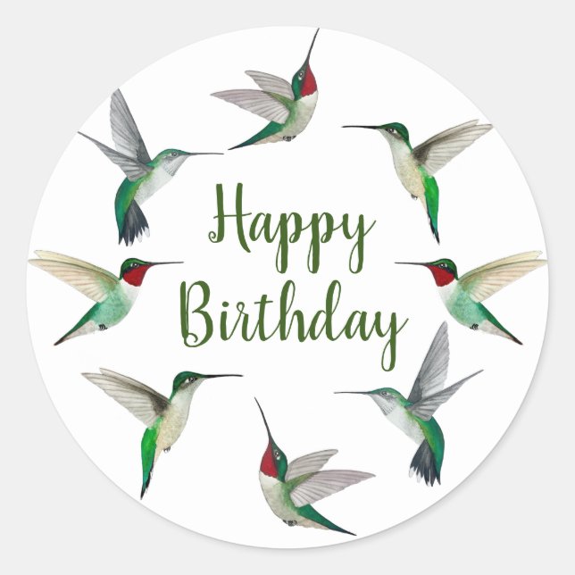 Sticker Rond Joyeux anniversaire aux colibris à gorge rubis (Devant)