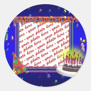 Sticker Rond Joyeux Anniversaire Avec Cadre Photo Confetti