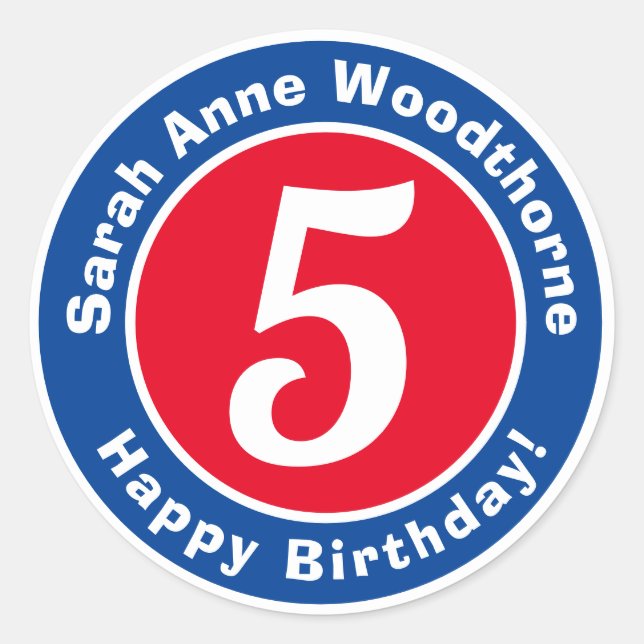Sticker Rond Joyeux anniversaire avec nom et âge 5 (Devant)