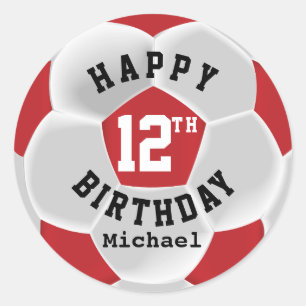 Sticker Rond Joyeux anniversaire - Bal de football rouge