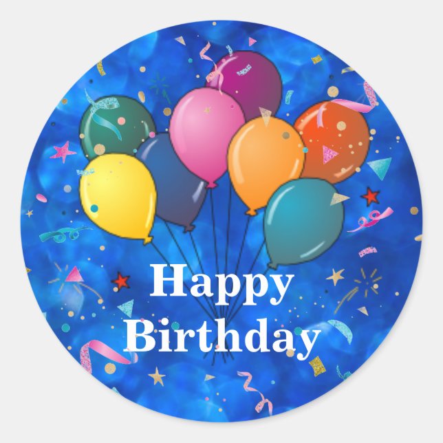 Sticker Rond "Joyeux Anniversaire", Ballons de Fête, Confetti, (Devant)