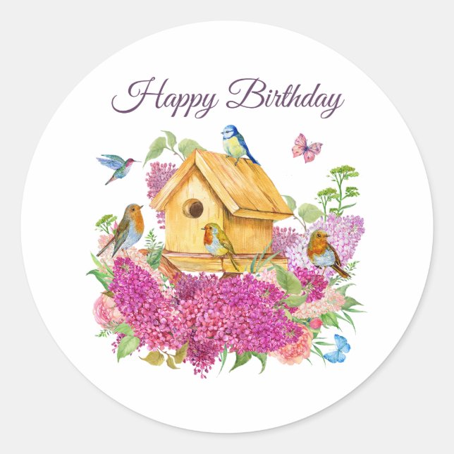 Sticker Rond Joyeux Anniversaire Birdhouse Lilac Fleurs (Devant)