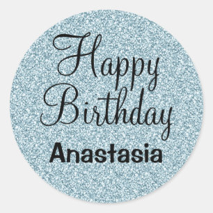 Sticker Rond Joyeux Anniversaire Bleu Argent Paillettes Brillan