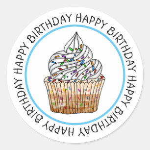 Sticker Rond Joyeux Anniversaire Cartoon Vanilla Cupcake