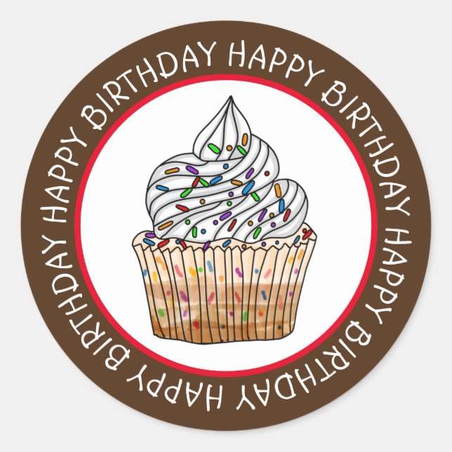 Sticker Rond Joyeux Anniversaire Cartoon Vanilla Cupcake (Devant)