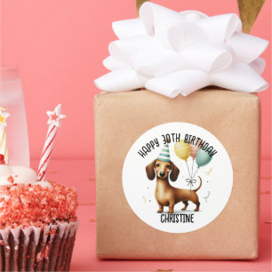 Sticker Rond joyeux anniversaire chien saucisse dachshund amate