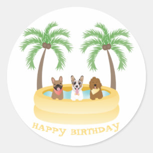 Sticker Rond Joyeux Anniversaire Chiens d'été Piscine