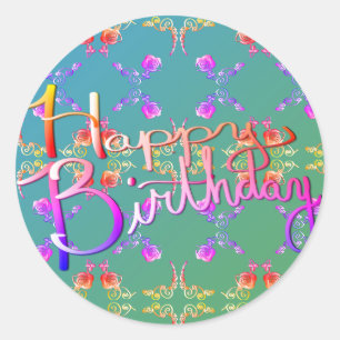Sticker Rond "Joyeux anniversaire !" Coeurs Roses écrits à la