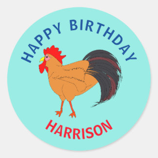 Sticker Rond Joyeux Anniversaire Coq de Dessin Animé