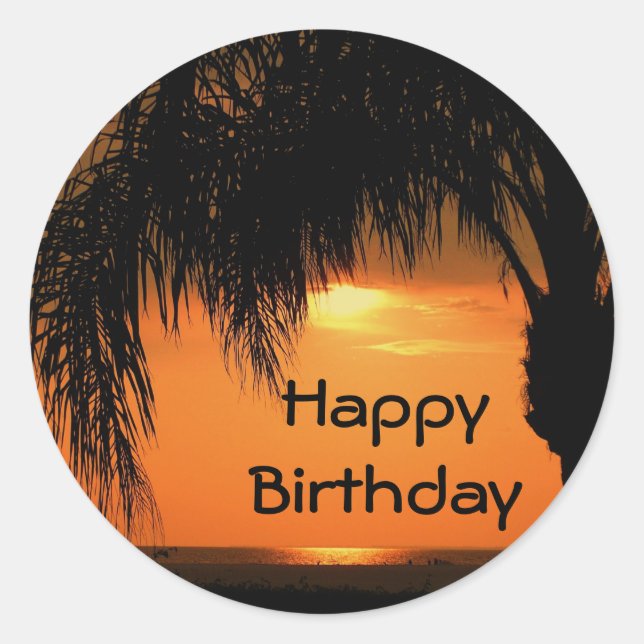 Sticker Rond Joyeux Anniversaire, coucher de soleil de palmier (Devant)