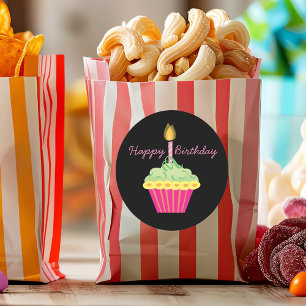 Sticker Rond Joyeux Anniversaire Cupcake rose