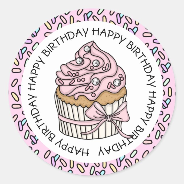 Sticker Rond Joyeux Anniversaire Cupcake rose et vanille    (Devant)