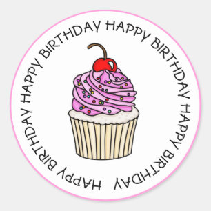 Sticker Rond Joyeux Anniversaire Cupcake Rose et Vanille