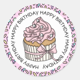 Sticker Rond Joyeux Anniversaire Cupcake Rose et Vanille