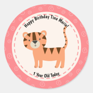 Sticker Rond Joyeux anniversaire Cute Tiger Zoo Animaux