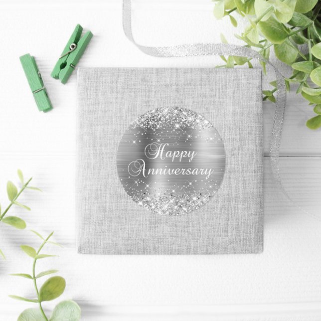 Sticker Rond Joyeux Anniversaire de Mariage Feuille Argent Pail (Silvery Glitter Favor Stickers)