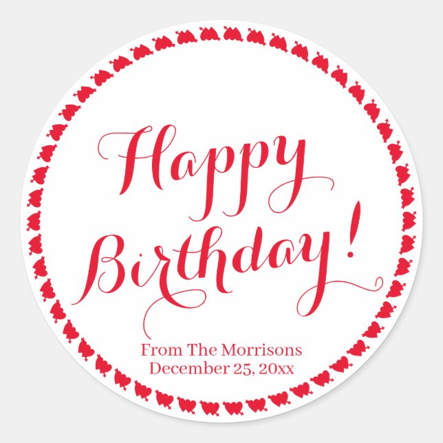 Sticker Rond Joyeux Anniversaire des coeurs rouges nom de scrip (Devant)