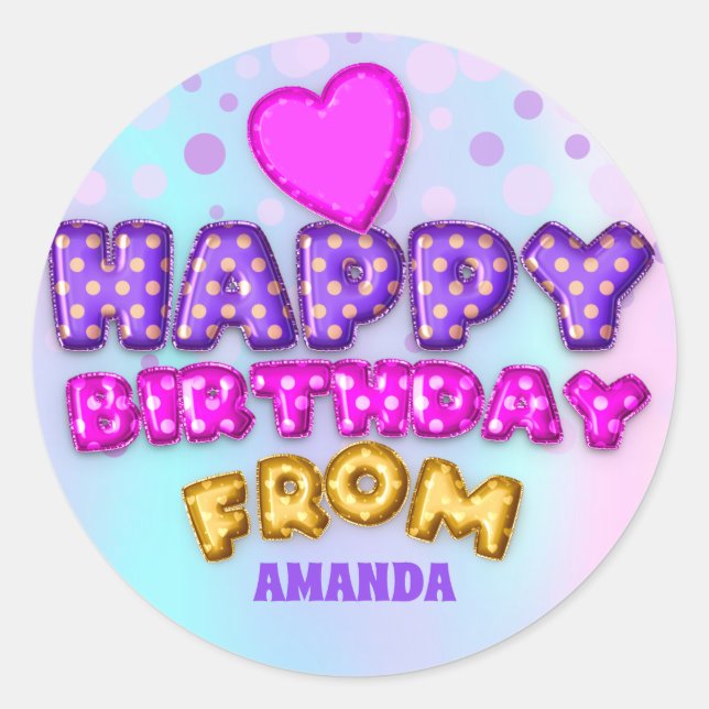 Sticker Rond Joyeux Anniversaire Du Nom Balloon Pink Heart Gold (Devant)