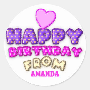 Sticker Rond Joyeux Anniversaire Du Nom Balloon Pink Purple Hea