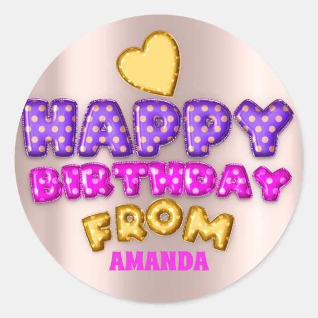 Sticker Rond Joyeux Anniversaire Du Nom Balloon Rose Violet Ros (Devant)