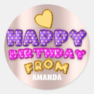 Sticker Rond Joyeux Anniversaire Du Nom De Balloon Pink Gold Ro