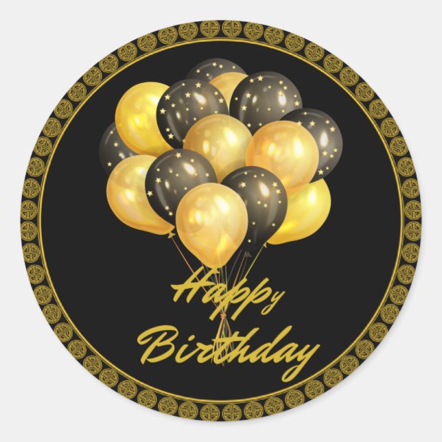 Sticker Rond Joyeux anniversaire, élégant noir et or, (Devant)