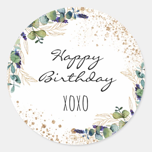 Sticker Rond Joyeux anniversaire eucalyptus verdure parties sci (Devant)