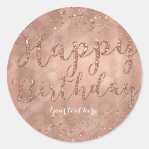 Sticker Rond Joyeux Anniversaire Faux Rose Gold Paillettes Fête