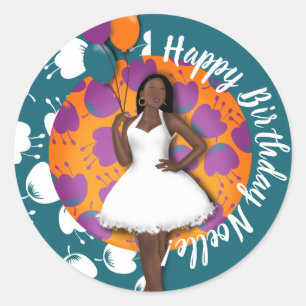 Sticker Rond Joyeux anniversaire ! Femme noire, Ballons & Fleur
