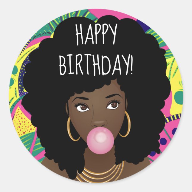 Sticker Rond Joyeux anniversaire ! Femme noire, Bubblegum, Colo (Devant)