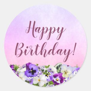 Sticker Rond Joyeux anniversaire fleurons violets rose