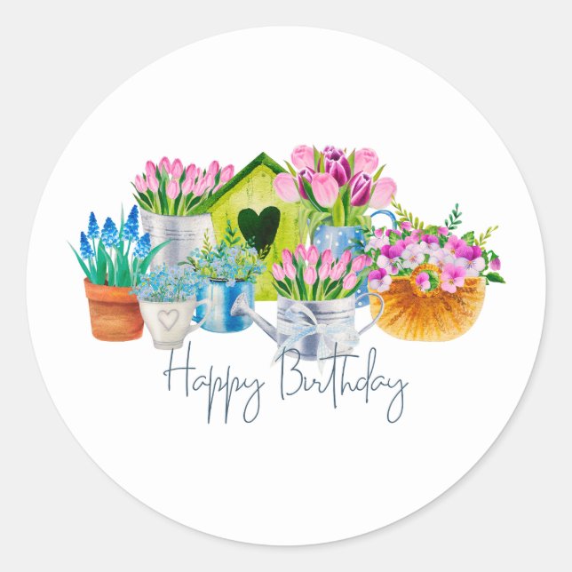 Sticker Rond Joyeux Anniversaire Fleurs de Jardin - Tulipes (Devant)