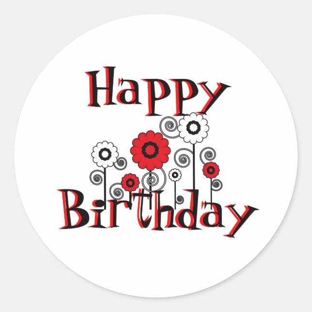 Sticker Rond Joyeux anniversaire, fleurs rouges et blanches, su (Devant)