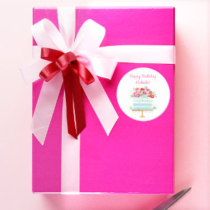 Sticker Rond Joyeux Anniversaire Floral Anniversaire Gâteau