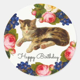 Sticker Rond Joyeux Anniversaire Floral Chat Endormi Victorien 