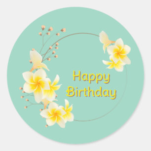 Sticker Rond Joyeux anniversaire Floral Jaune Or