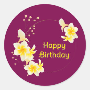 Sticker Rond Joyeux anniversaire Floral Jaune Or
