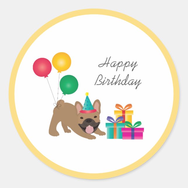 Sticker Rond Joyeux anniversaire Français Bulldog coloré (Devant)