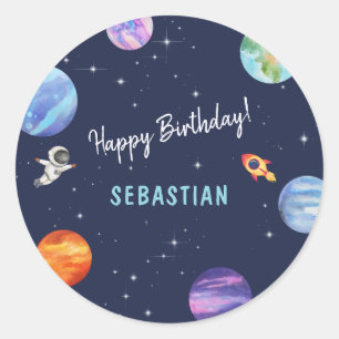 Sticker Rond Joyeux Anniversaire Galaxy Rocket Ship Aquarelle